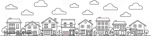 Charming row of houses with trees and clouds in a whimsical illustration