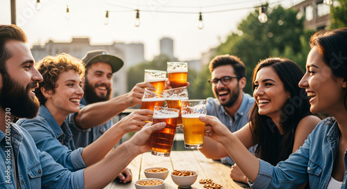 A group of happy young friends in denim shirts toasting with glasses of beer at an outdoor patio during sunset.