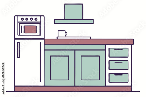 Line Art Illustration of a Kitchen Counter with Appliances and Cabinets furniture drawing