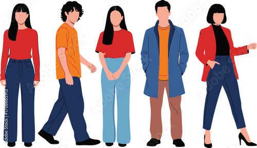 Diverse group of five young adults standing and walking, showcasing modern casual fashion