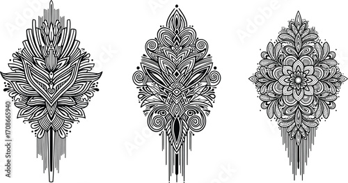Intricate black and white ornamental designs with detailed patterns and symmetry