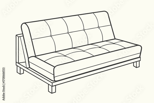 Line Art Illustration of a Tufted Futon Sofa with Wooden Legs couch furniture