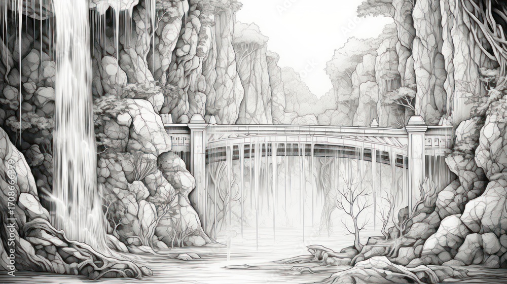 Fototapeta premium Pencil sketch waterfall bridge landscape
