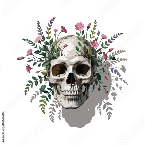 Human skull with pink flowers and green leaves vector
