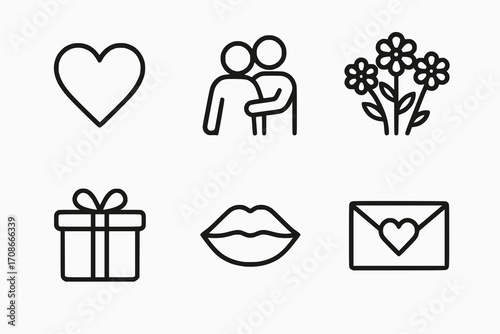 Minimalist set of 6 love and romance icons, black and white vector