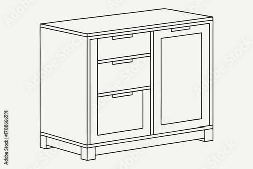 Line Art Isometric View of a Three- Drawer Cabinet with One Door furniture storage
