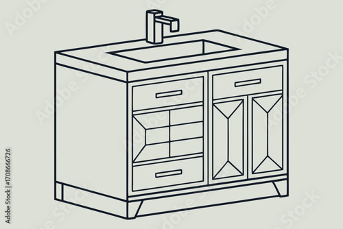 Line Drawing of a Bathroom Vanity with Sink and Faucet cabinet