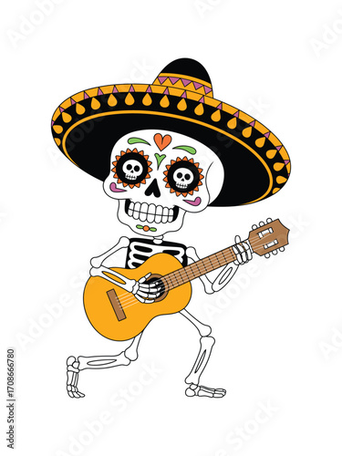 Skeleton playing guitar wearing sombrero music