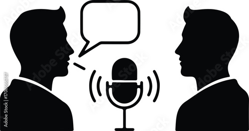 Podcast concept featuring two speakers and a microphone vector illustrator