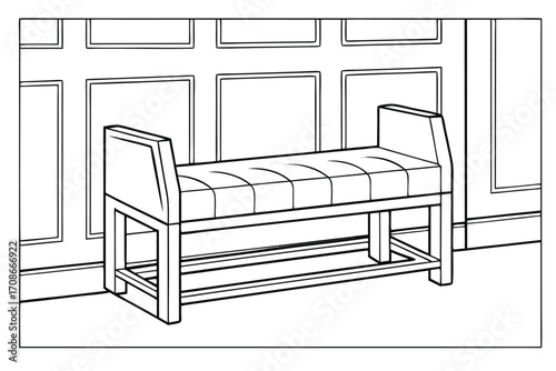 Line Drawing of a Padded Bench with Arms Against a Paneled Wall upholstered bench seating