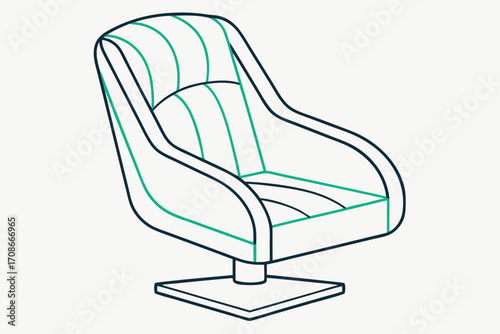 Line Drawing of a Swivel Armchair with Green Accents on a White Background furniture interior design
