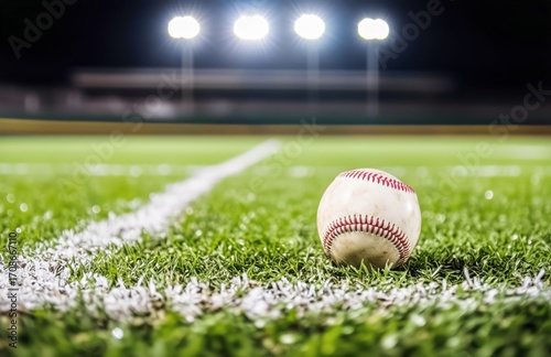 Exciting Baseball Scene at Night With a Ball Resting on the Field