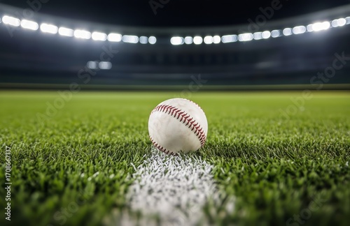 Exciting Baseball Scene at Night With a Ball Resting on the Field.