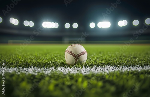 Sports Field With Baseball on Grass Under Stadium Lights During Evening Hours