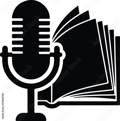 Podcast microphone with open book icon vector illustrator