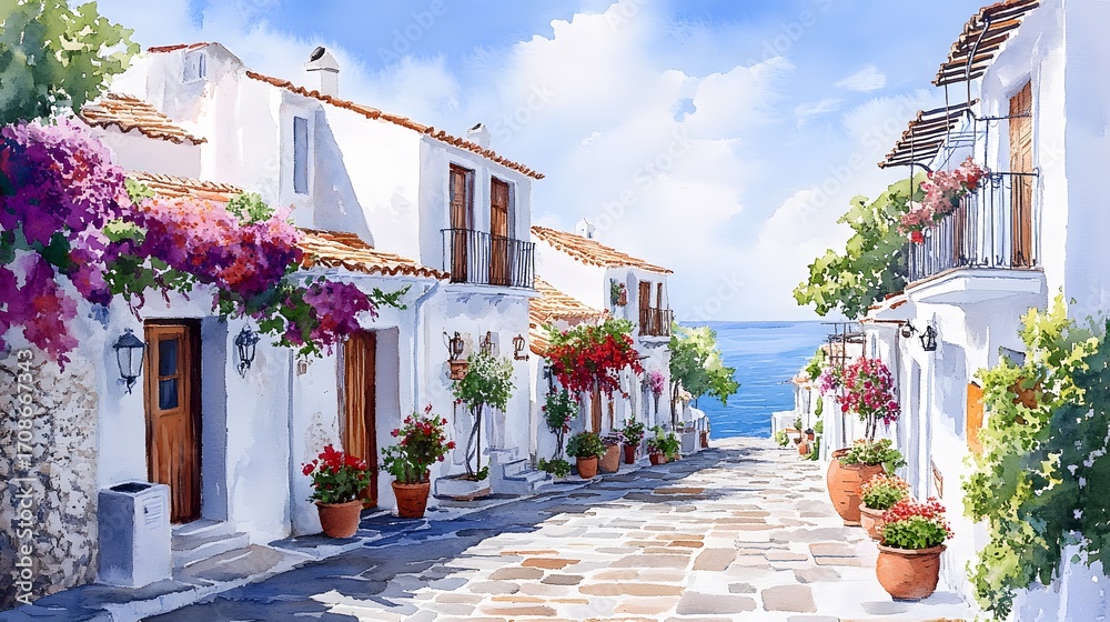 Obraz premium Mediterranean Coastal Village Watercolor Collection – Colorful Seaside Houses and Streets