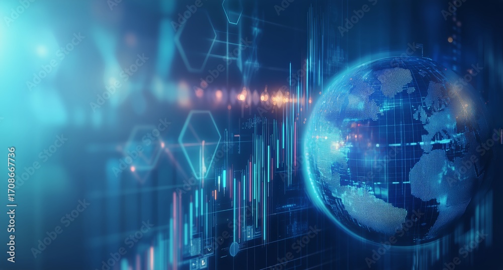 Obraz premium Visualizing Global Data Trends With a Digital Globe and Charts at Night