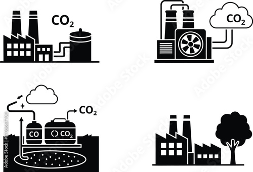 Industrial processes depicted with CO2 emissions and carbon capture icons