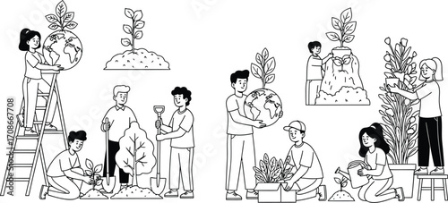 People planting trees and caring for the Earth together, promoting environmental conservation and growth.