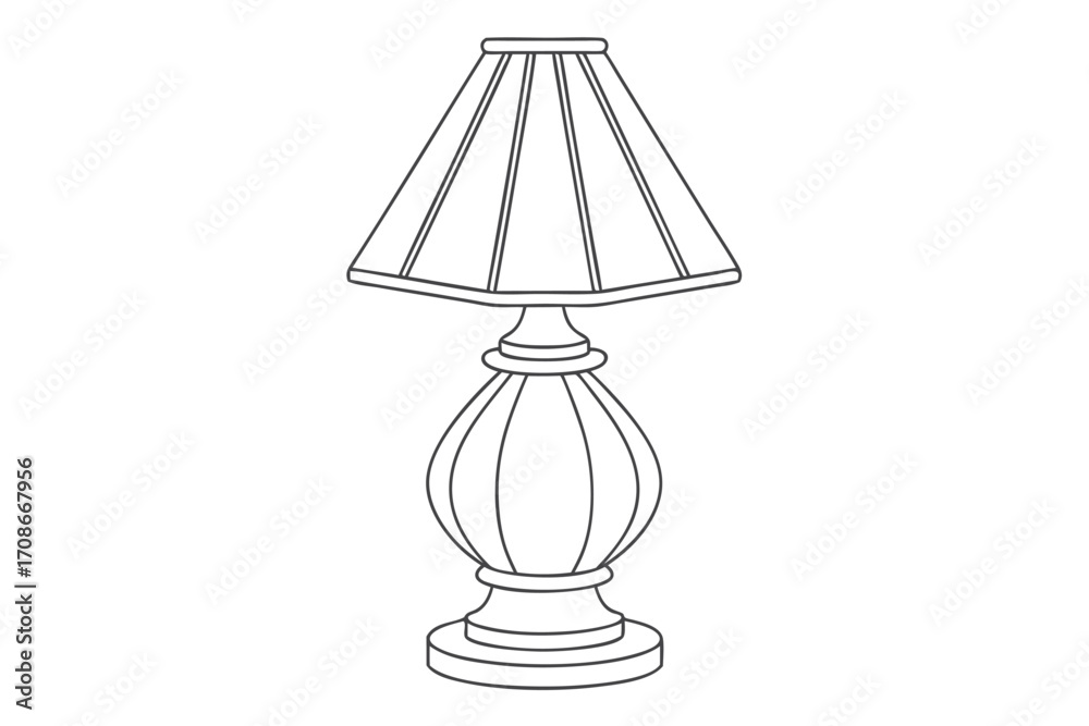 Outline drawing of a classic table lamp with a pleated shade and ornate base lighting light