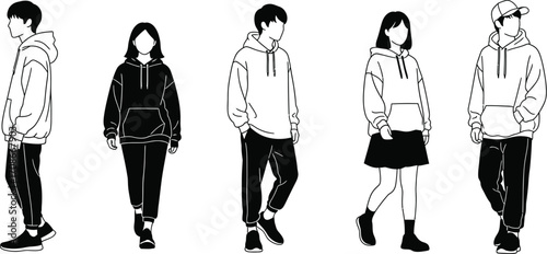 Diverse group of young adults in casual hoodies and pants, showcasing modern street style.