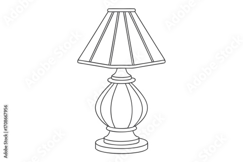 Outline drawing of a classic table lamp with a pleated shade and ornate base lighting light