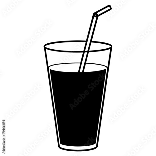 Minimal vector illustration of a glass of orange juice with straw, flat style, white background