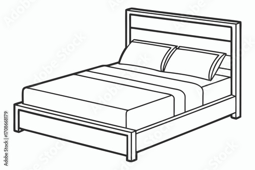 Outline Drawing of a Double Bed with Pillows and Bedding bedroom furniture
