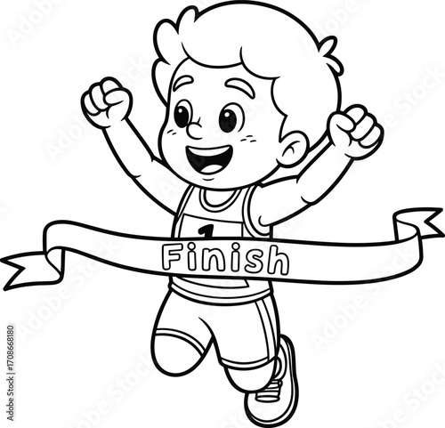 Happy boy crossing finish line, running competition, athletic kid race, cartoon character winning race, sports activity coloring page, line art drawing