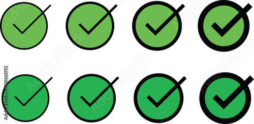 Green and black check mark icon set for approval confirmation and task completion