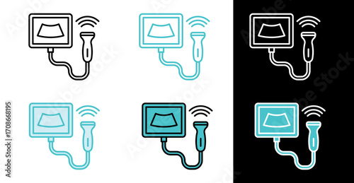 Ultrasound monitor icon for radiology and prenatal care in line and fill style