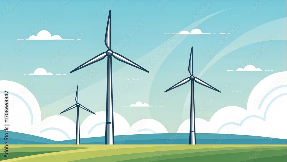 Fototapeta premium Wind turbine farm in a green field with blue sky isolated on white background