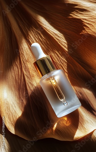 Glass Dropper Bottle on Golden Leaf Background With Soft Light at Afternoon.