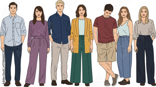 Diverse group of stylish adults standing together, showcasing modern fashion and individuality.