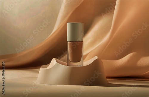 Showcase of a Foundation Bottle on a Smooth Surface With Soft Fabric in the B...