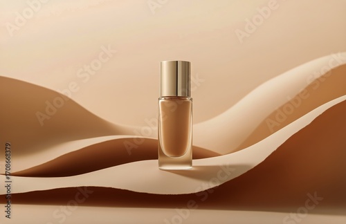Showcase of a Foundation Bottle on a Smooth Surface With Soft Fabric in the B...