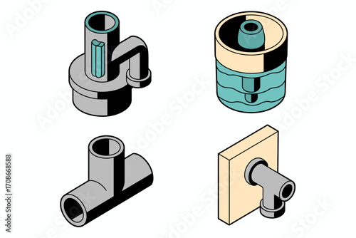 Isometric View of Various Plumbing Connectors and Valves Depicting Different Types of Fittings for Piping Systems