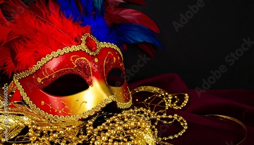 Red and gold Venetian mask with feathers and beads
