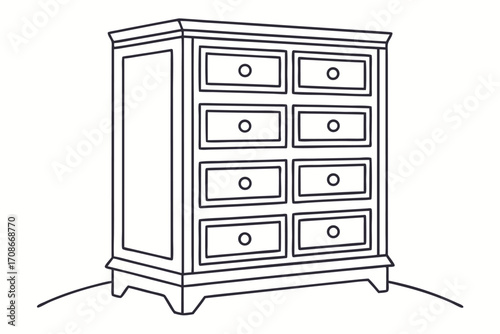 Outline drawing of a tall eight-drawer dresser with round knobs and decorative base chest of drawers