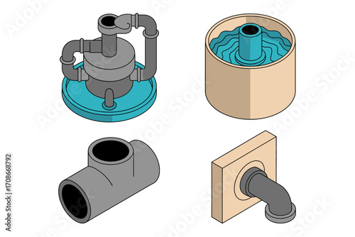 Isometric Illustration of Industrial Piping and Water Treatment Components Depicting Water Systems and Infrastructure