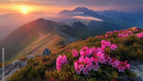 Morning Sunrise Over Mountains With Blooming Flowers in Vibrant Colors