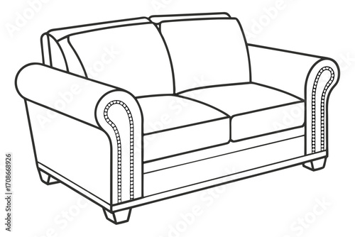 Outline Drawing of a Two- Seater Sofa with Rolled Arms and Button Tufting couch furniture