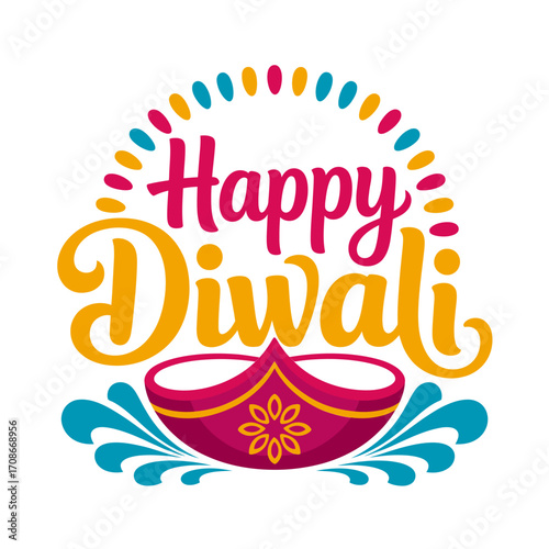 Happy Diwali script, ornamental lettered logo, diya centerpiece, decorative flourishes, festive banner design, bright celebration poster, vector