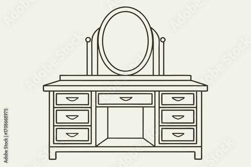 Outline drawing of a vintage vanity table with an oval mirror and drawers Keywords: vanity, table, mirror
