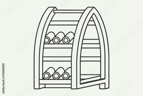 Outline Drawing of a Wooden Wine Rack with Bottles on a Light Background storage cellar
