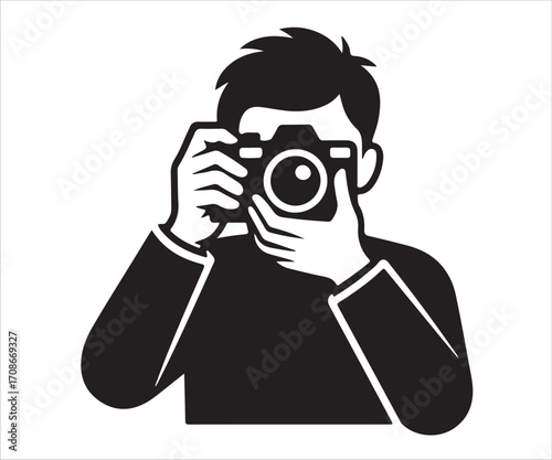 Black silhouette of photographer holding camera isolated on white background, simple vector illustration for photography, studio, hobby, profession, creative design, media, journalism, and art use