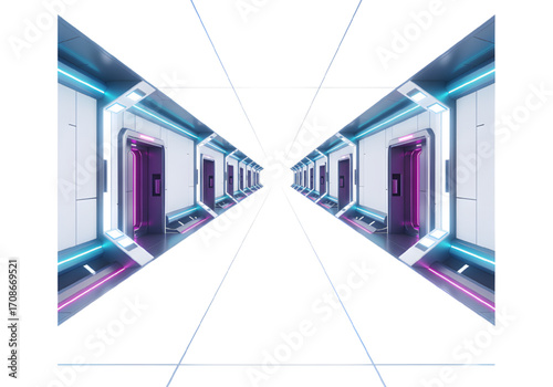Futuristic neon corridor white blue pink png on transparent background