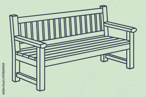 Outline illustration of a wooden park bench with a light green background Keywords: park bench, garden