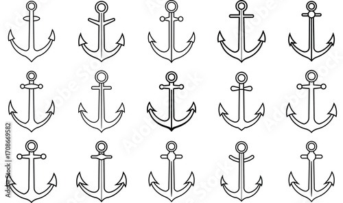 Outline drawings of fifteen nautical anchors in a grid on a white background maritime ocean
