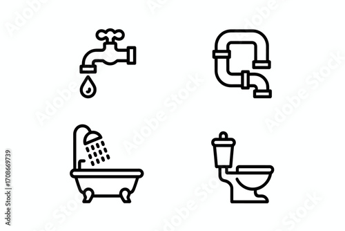 Minimalist Plumbing and Bathroom Fixture Icon Set Illustration for Design and Web Usage Represents Home Essentials